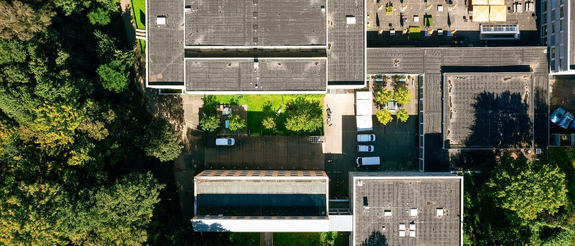 Aerial view: Buildings with flat roofs surrounded by trees.