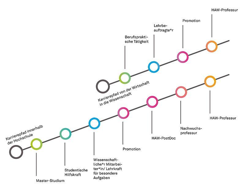 Grafik, die in zwei schrägen Strahlen von links unten nach rechts oben unterschiedliche Stufen einer wissenschaftlichen Karriere an einer HAW darstellen. Oberer Strahl: Karrierepfad von der Wirtschaft in die Wissenschaft - Berufspraktische Tätigkeit; Lehrbeauftragte*r, Promotion, HAW-Professur; unterer Strahl: Karrierepfad innerhalb der Hoschschule - Masterstudium, Studentische Hilfskraft, Wissenschaftliche*r Mitarbeiter*in / Lehrkraft für besondere Aufgaben, Promotion, HAW-PostDoc, Nachwuchsprofessur, HAW-Professur