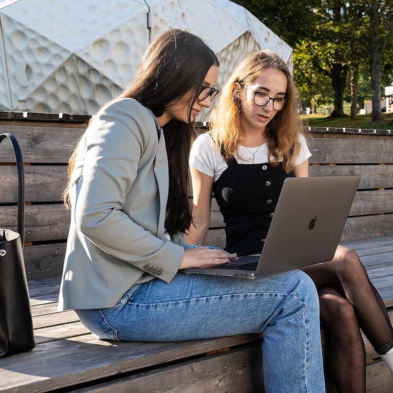 Two people sitting outside working on a laptop.