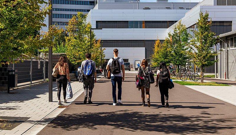 Five young adults walk on a campus path towards a university building.