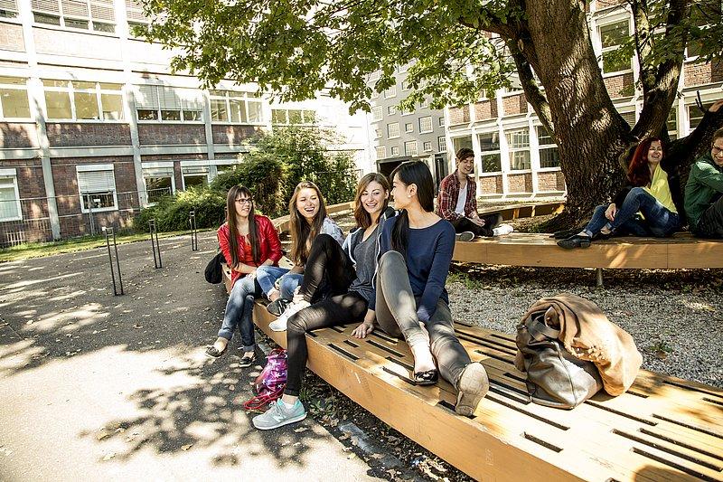 Several people sitting and laughing on benches under a tree in the courtyard.