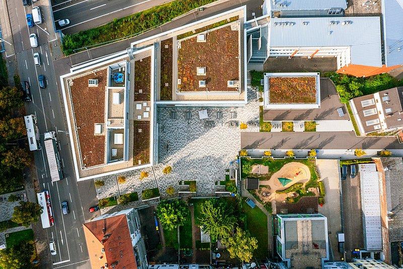 Draufsicht: Campusgebäude mit begrünten Dächern und Innenhof.