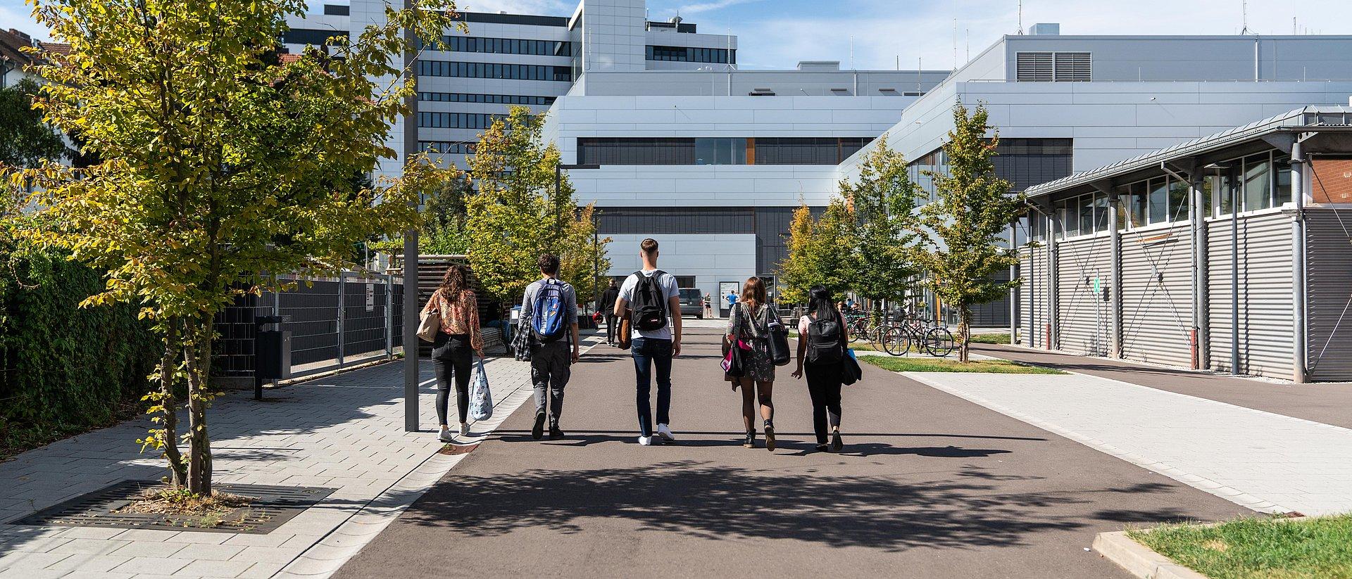 Five people with backpacks walking along a paved avenue.